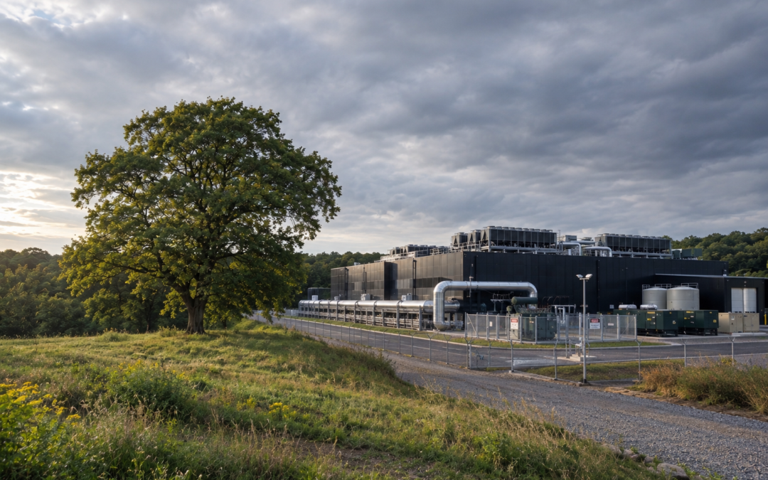 A data centre behind security fencing at the edge of woodland and rough grassland, with cooling plant and storage tanks along its flank.