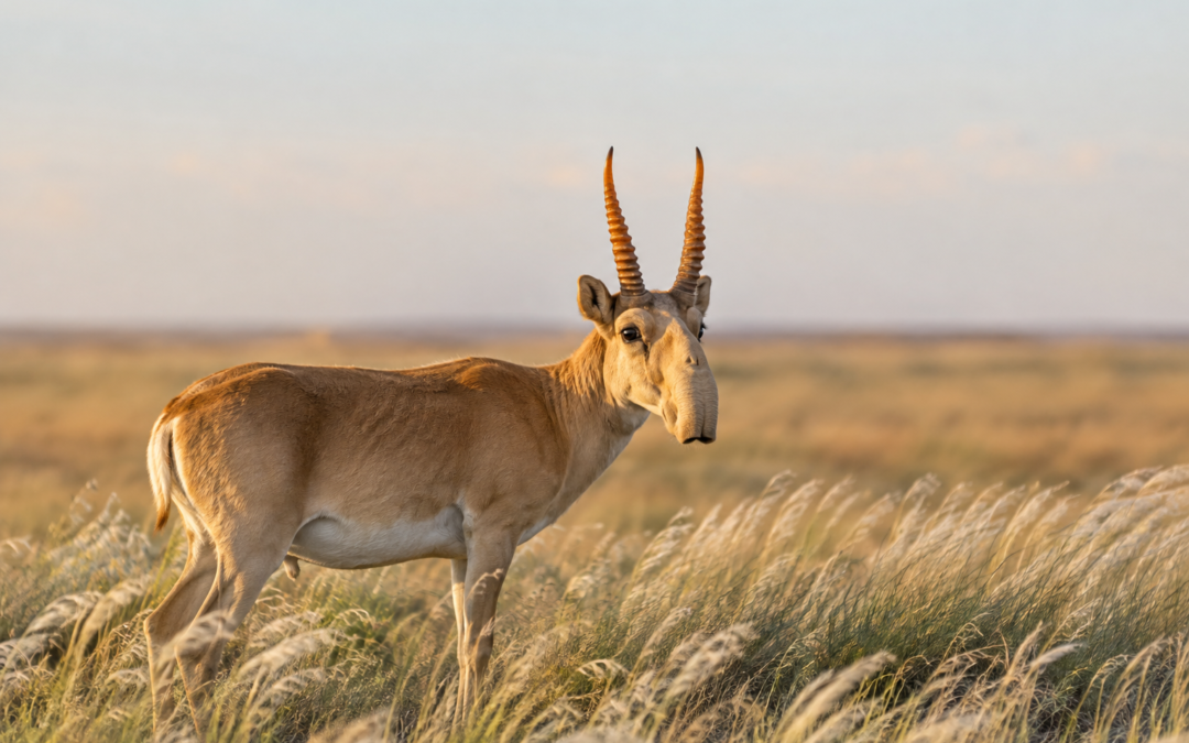 Saiga antelope on the golden steppe of Kazakhstan