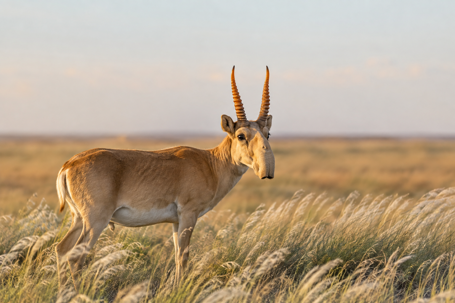 Saiga antelope on the golden steppe of Kazakhstan