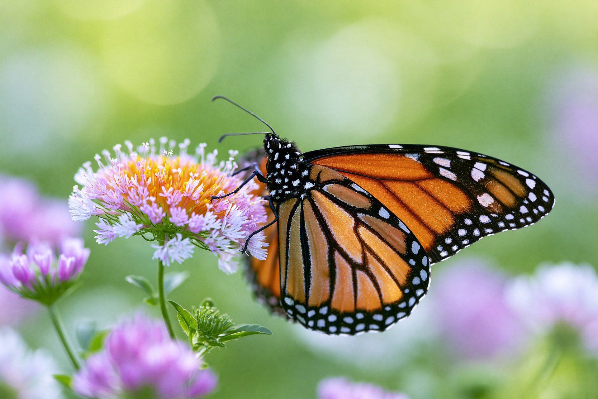 A Monarch butterfly feeding on a pink wildflower