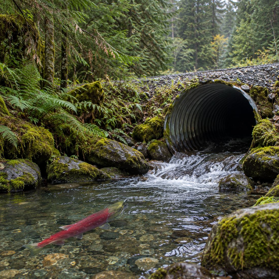 Salmon gathering below a road culvert on a forest stream